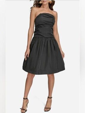 Donna Karan Black Strapless Gathered Waist Dress